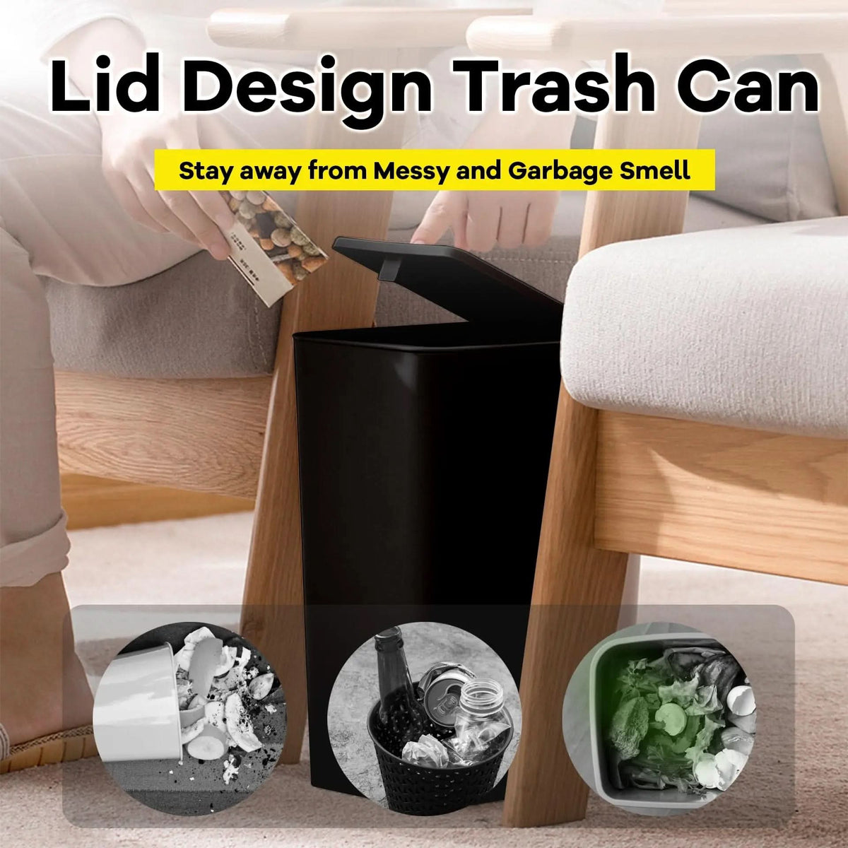 Touch-Open Waste Basket 2.6 Gal Narrow Bin for Bathrooms, Bedrooms & Home Offices | Space-Saving Design | Thomler