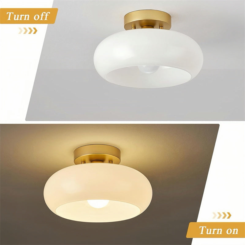 Retro Drum Flush Mount Ceiling Fixture – Handblown Glass & Brass – E27 Socket – for Bedroom, Hallway, Kitchen | Thomler