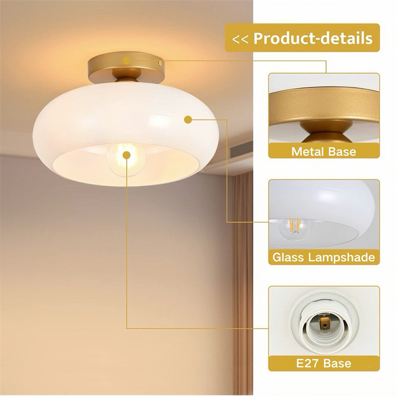 Retro Drum Flush Mount Ceiling Fixture – Handblown Glass & Brass – E27 Socket – for Bedroom, Hallway, Kitchen | Thomler