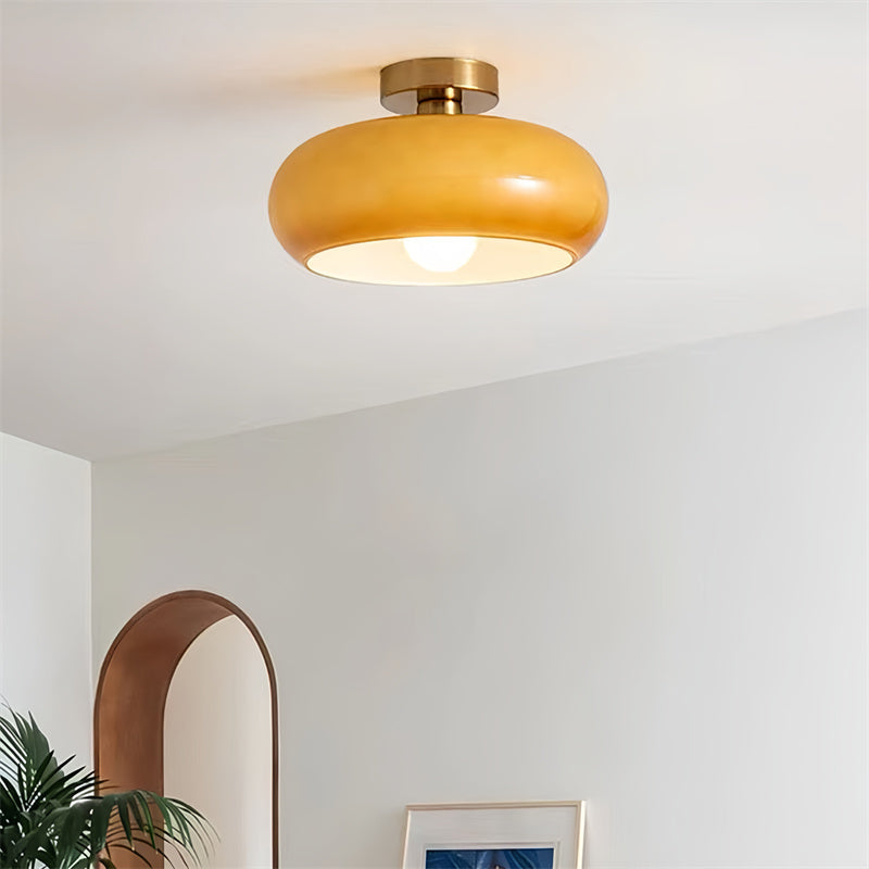 Retro Drum Flush Mount Ceiling Fixture – Handblown Glass & Brass – E27 Socket – for Bedroom, Hallway, Kitchen | Thomler