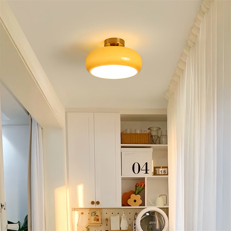 Retro Drum Flush Mount Ceiling Fixture – Handblown Glass & Brass – E27 Socket – for Bedroom, Hallway, Kitchen | Thomler
