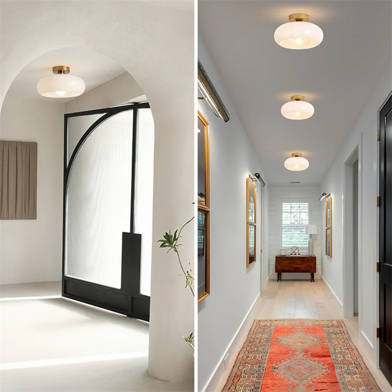 Retro Drum Flush Mount Ceiling Fixture – Handblown Glass & Brass – E27 Socket – for Bedroom, Hallway, Kitchen | Thomler