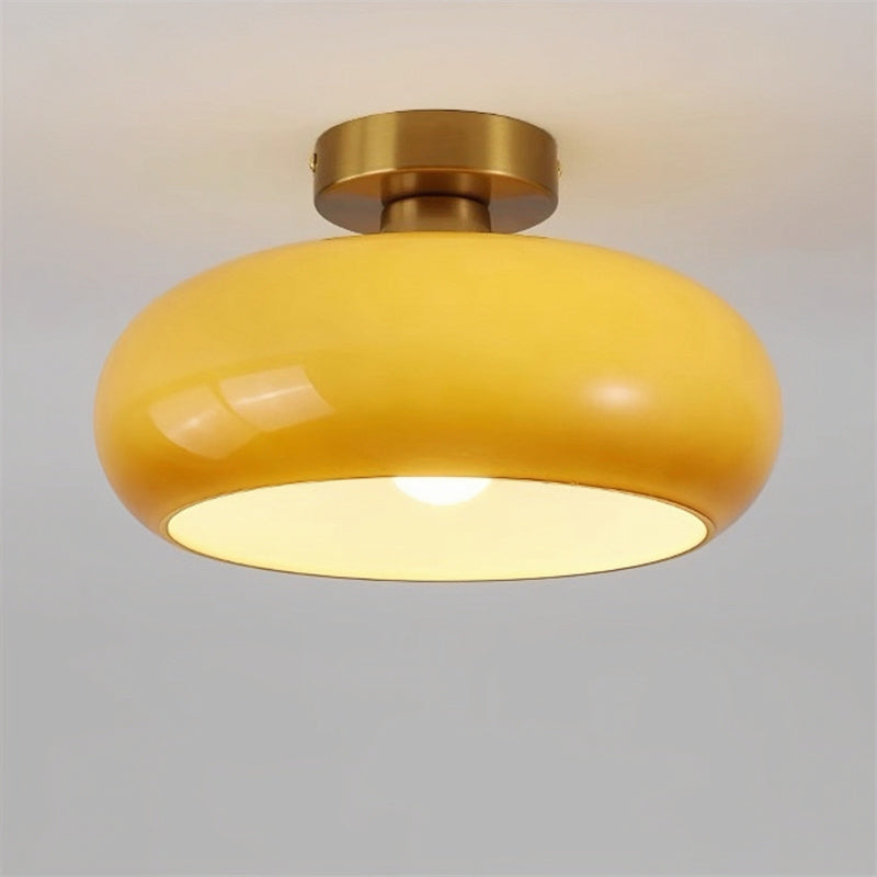Retro Drum Flush Mount Ceiling Fixture – Handblown Glass & Brass – E27 Socket – for Bedroom, Hallway, Kitchen | Thomler
