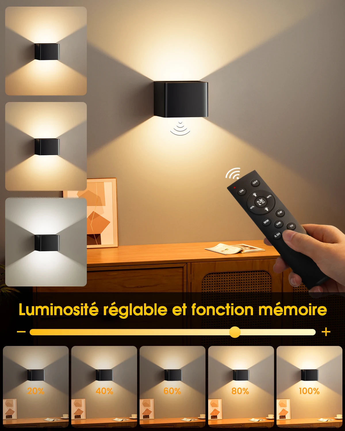 Motion-Activated Rechargeable Wall Sconce Set, Wireless LED Indoor Lighting with Remote Control, Adjustable Brightness & 3 Color Modes for | Thomler