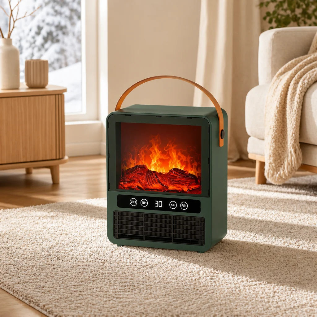 Ceramic Space Heater with Simulated Fireplace Flames, Crackling Audio & Tip-Over Safety Shutoff for Bedroom Office Living Room | Thomler