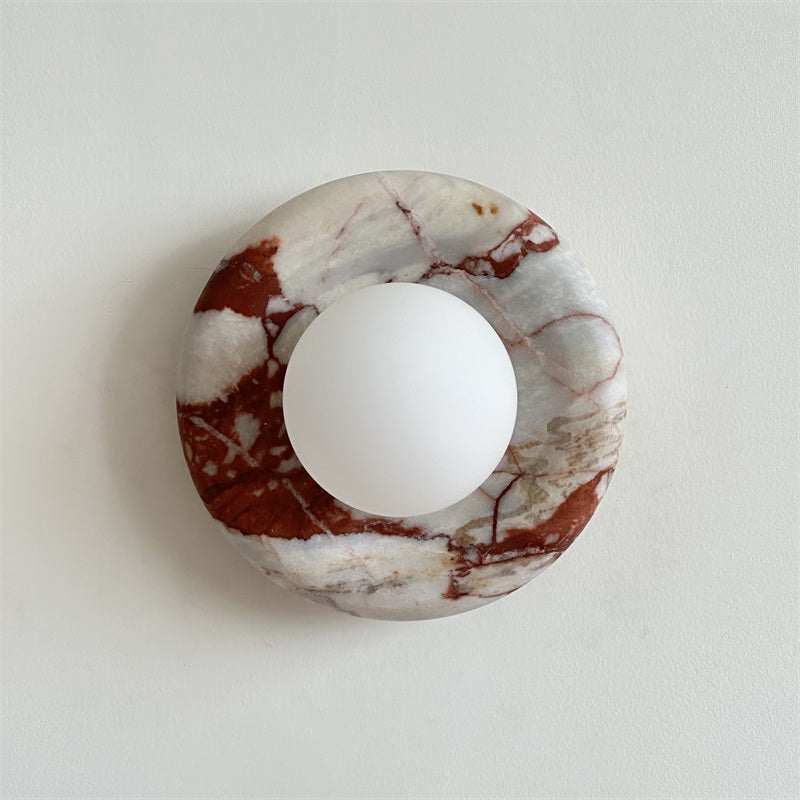 Round Glass Wall Sconce with Curved Marble Backplate for Living Room, Bedroom & Hallway – Hardwired Modern Indoor Light Fixture | Thomler
