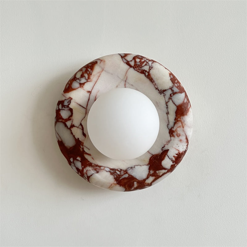 Round Glass Wall Sconce with Curved Marble Backplate for Living Room, Bedroom & Hallway – Hardwired Modern Indoor Light Fixture | Thomler