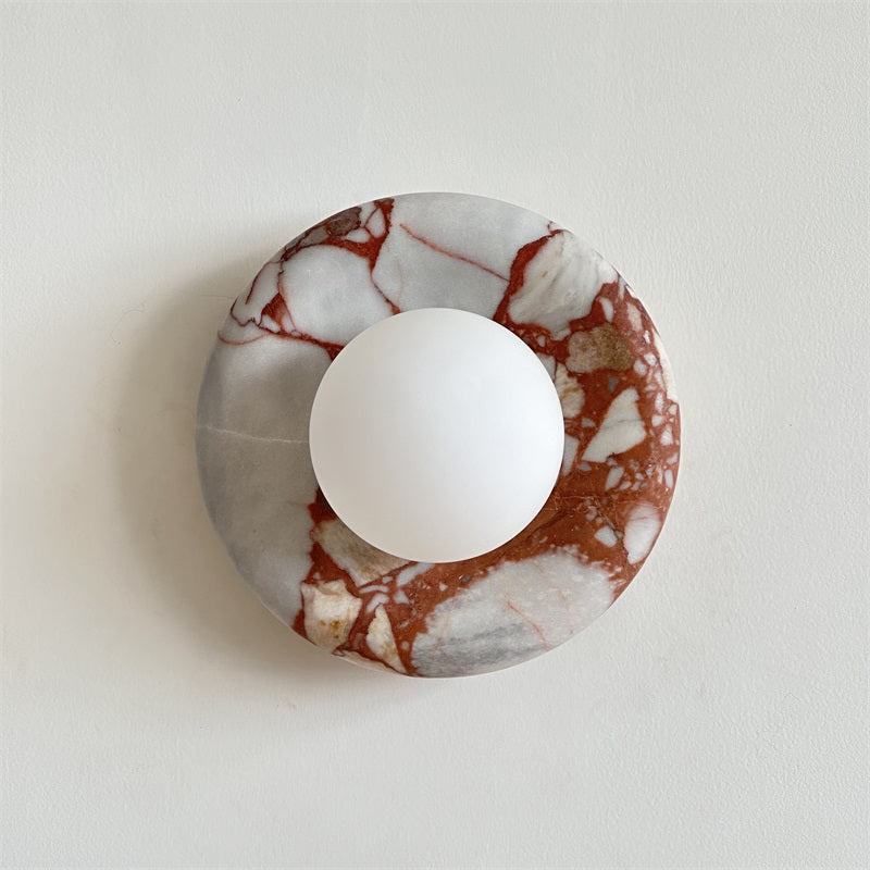 Round Glass Wall Sconce with Curved Marble Backplate for Living Room, Bedroom & Hallway – Hardwired Modern Indoor Light Fixture | Thomler