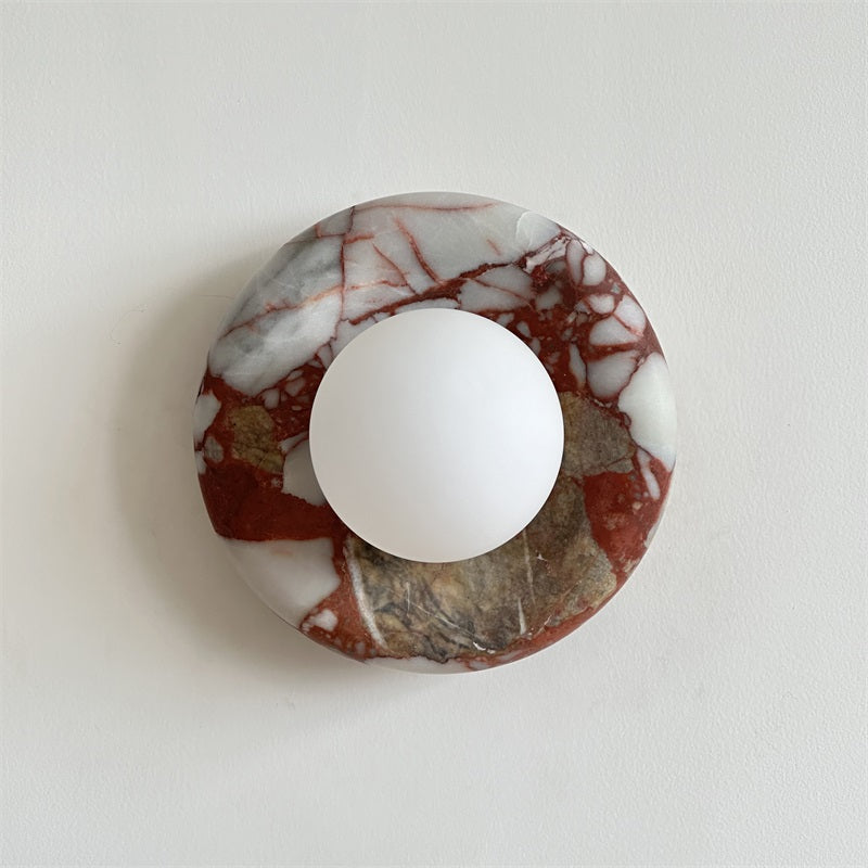 Round Glass Wall Sconce with Curved Marble Backplate for Living Room, Bedroom & Hallway – Hardwired Modern Indoor Light Fixture | Thomler