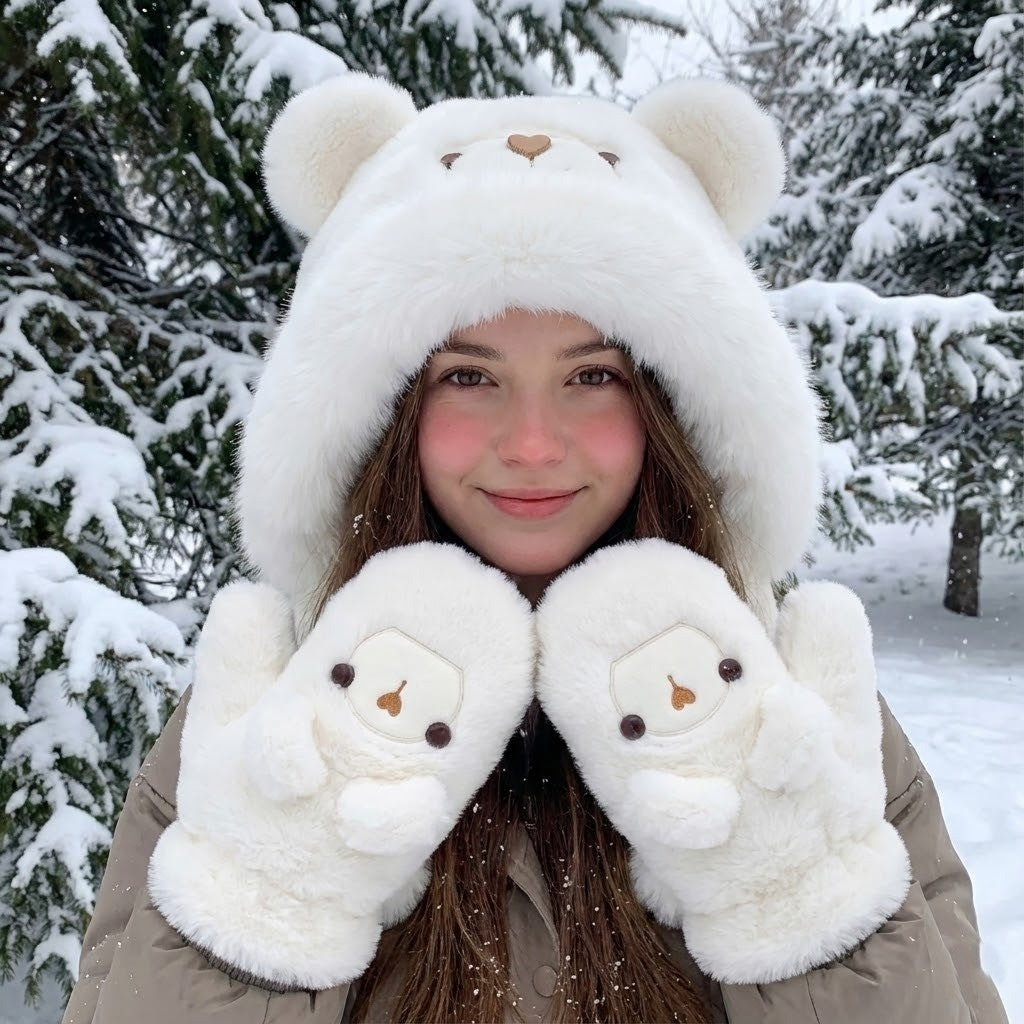 Plush Bear-Face Winter Hat with Long Earflaps – Cozy Faux Fur Knit Beanie for Cold Weather | Thomler