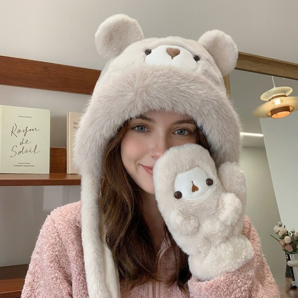 Plush Bear-Face Winter Hat with Long Earflaps – Cozy Faux Fur Knit Beanie for Cold Weather | Thomler