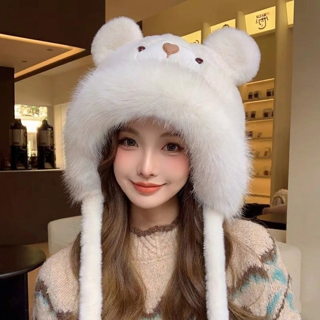 Plush Bear-Face Winter Hat with Long Earflaps – Cozy Faux Fur Knit Beanie for Cold Weather | Thomler