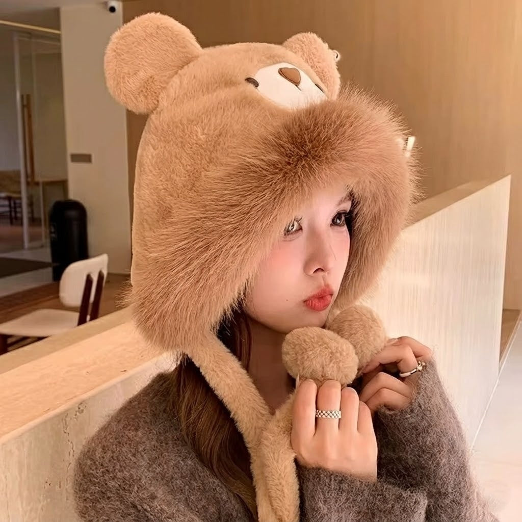 Plush Bear-Face Winter Hat with Long Earflaps – Cozy Faux Fur Knit Beanie for Cold Weather | Thomler