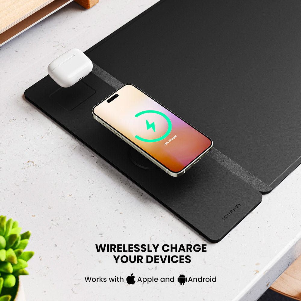 Wireless Charging Desk Pad with Dual Qi Charger & Reversible Surface – Vegan Leather & Felt Mat for Home Office | Thomler