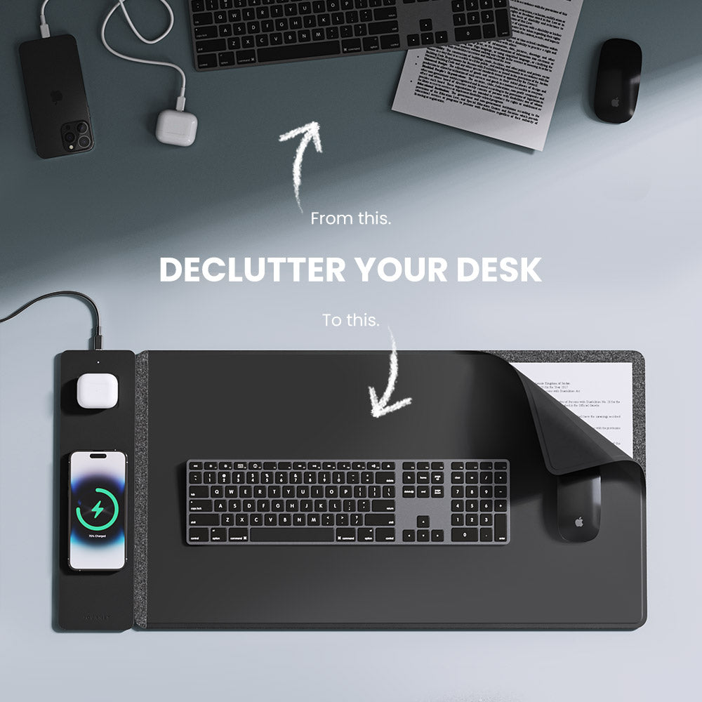 Wireless Charging Desk Pad with Dual Qi Charger & Reversible Surface – Vegan Leather & Felt Mat for Home Office | Thomler
