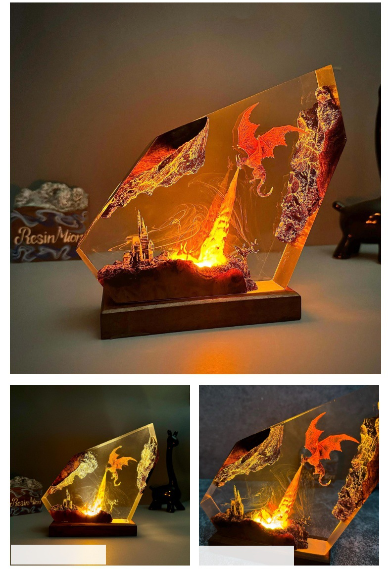 Dragon Sculpture Accent Lamp with LED Flame Effect for Nightstand & Shelf | Thomler