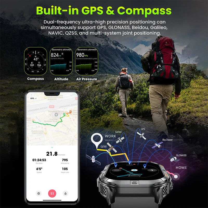 Outdoor GPS Fitness Smartwatch with AMOLED Display, Compass, Built-In Flashlight & Heart Rate Monitor for Hiking & Running | Thomler