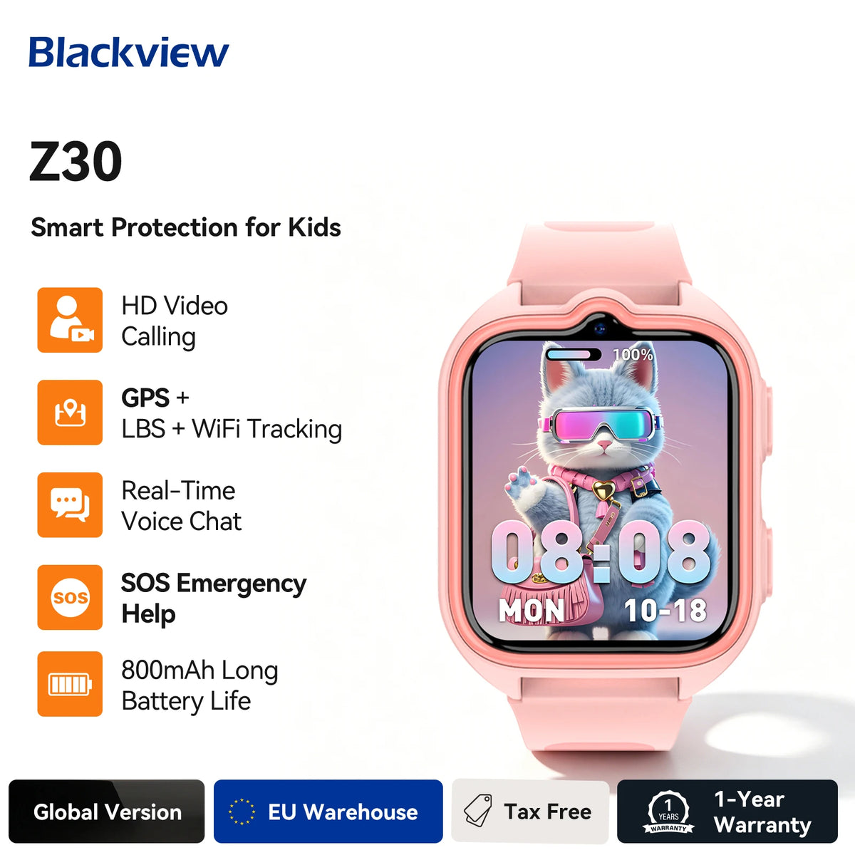 Blackview Z30 Kids Smartwatch Kinderhorloge, LBS+WiFi+GPS Drievoudige AI-positionering, 4G Videogesprek, Smartwatch