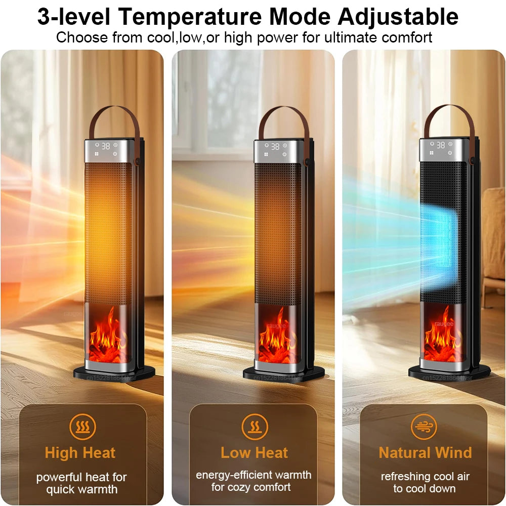 2000W Tower Space Heater with Realistic Flame Effect, Digital Touch Controls & Remote, 12-Hour Timer, Portable Electric Heating for | Thomler