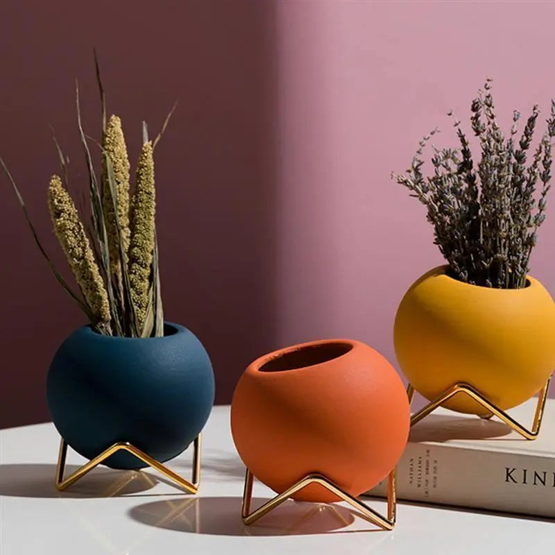 Plant Pot Ceramic 10.0 cm Blue Metal Stand Small Indoor Tabletop Flower Vase Modern Living Room Decor | Thomler