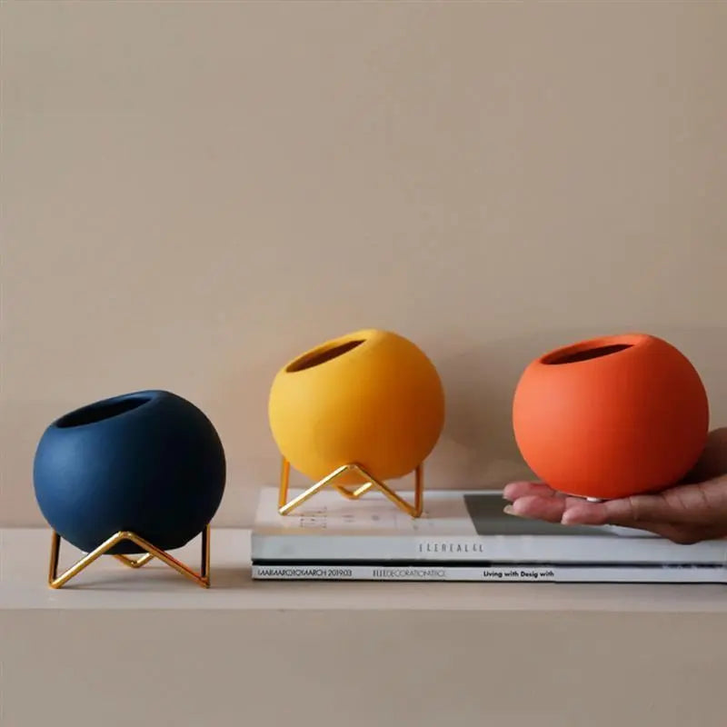Plant Pot Ceramic 10.0 cm Blue Metal Stand Small Indoor Tabletop Flower Vase Modern Living Room Decor | Thomler