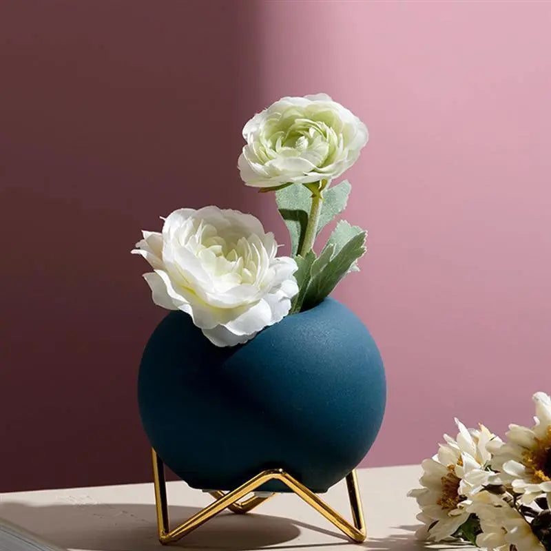 Plant Pot Ceramic 10.0 cm Blue Metal Stand Small Indoor Tabletop Flower Vase Modern Living Room Decor | Thomler