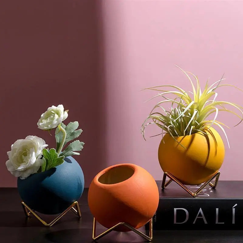 Plant Pot Ceramic 10.0 cm Blue Metal Stand Small Indoor Tabletop Flower Vase Modern Living Room Decor | Thomler