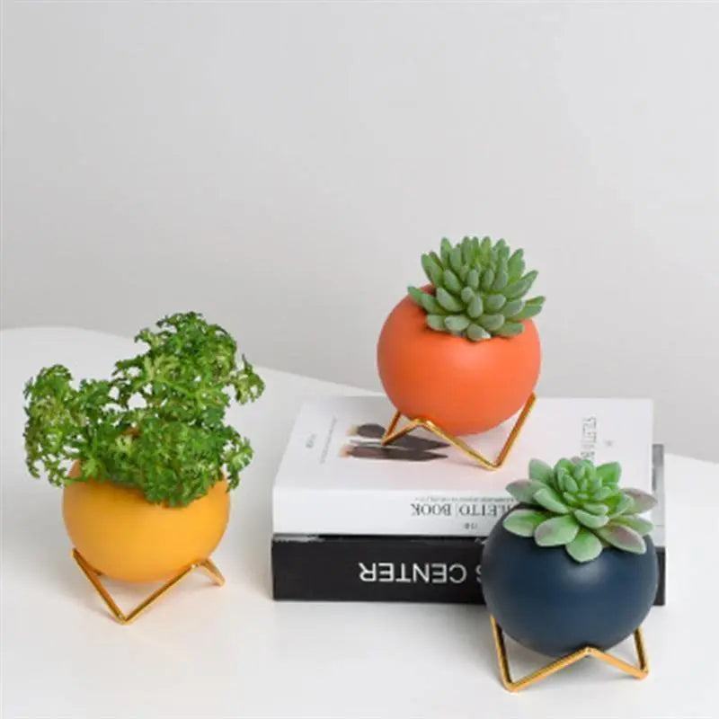 Plant Pot Ceramic 10.0 cm Blue Metal Stand Small Indoor Tabletop Flower Vase Modern Living Room Decor | Thomler