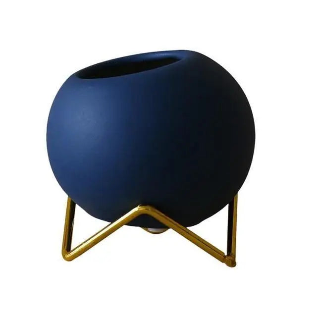 Plant Pot Ceramic 10.0 cm Blue Metal Stand Small Indoor Tabletop Flower Vase Modern Living Room Decor | Thomler