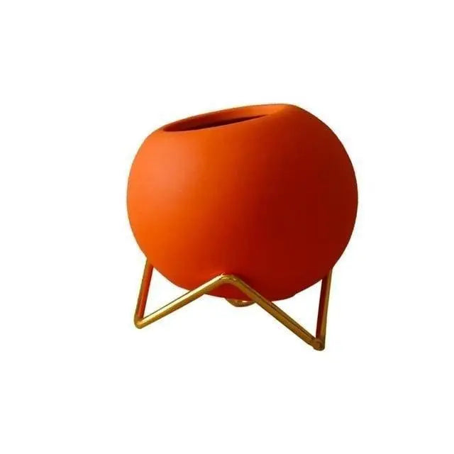 Plant Pot Ceramic 10.0 cm Blue Metal Stand Small Indoor Tabletop Flower Vase Modern Living Room Decor | Thomler