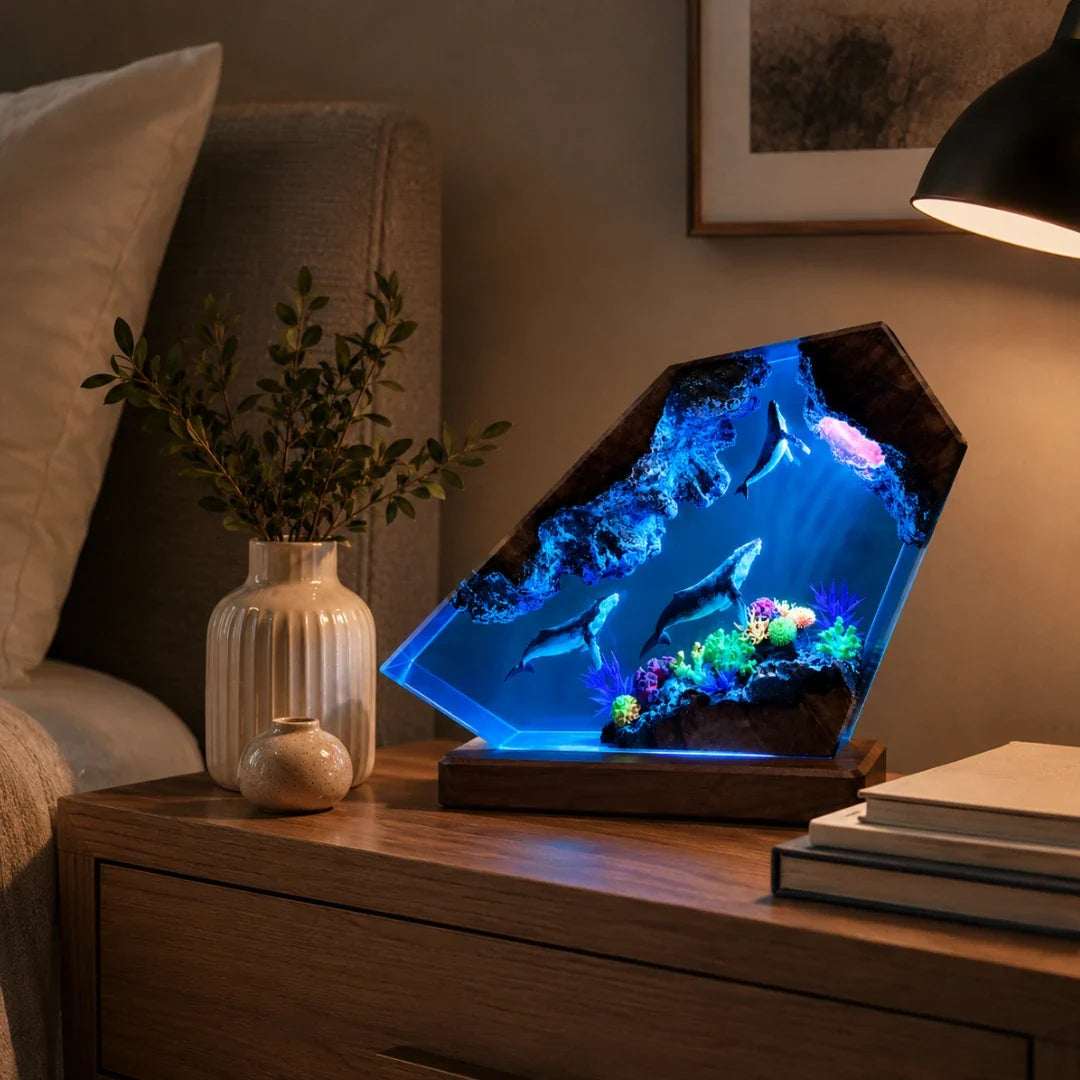 Ocean Reef Resin Night Light with Color-Shifting LED Base – Whale & Coral Sculpture for Bedroom Desk Shelf Display Home Decor | Thomler