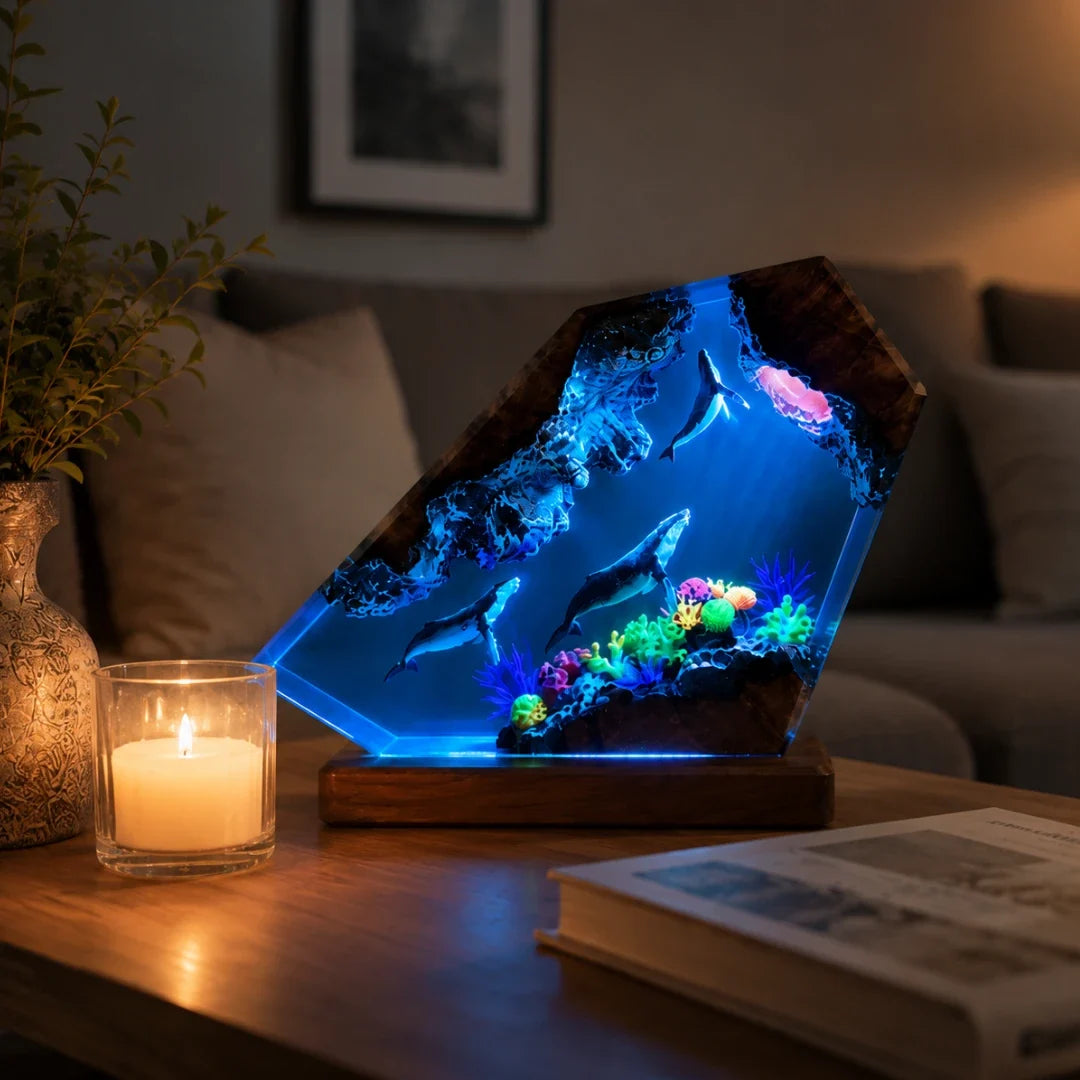 Ocean Reef Resin Night Light with Color-Shifting LED Base – Whale & Coral Sculpture for Bedroom Desk Shelf Display Home Decor | Thomler