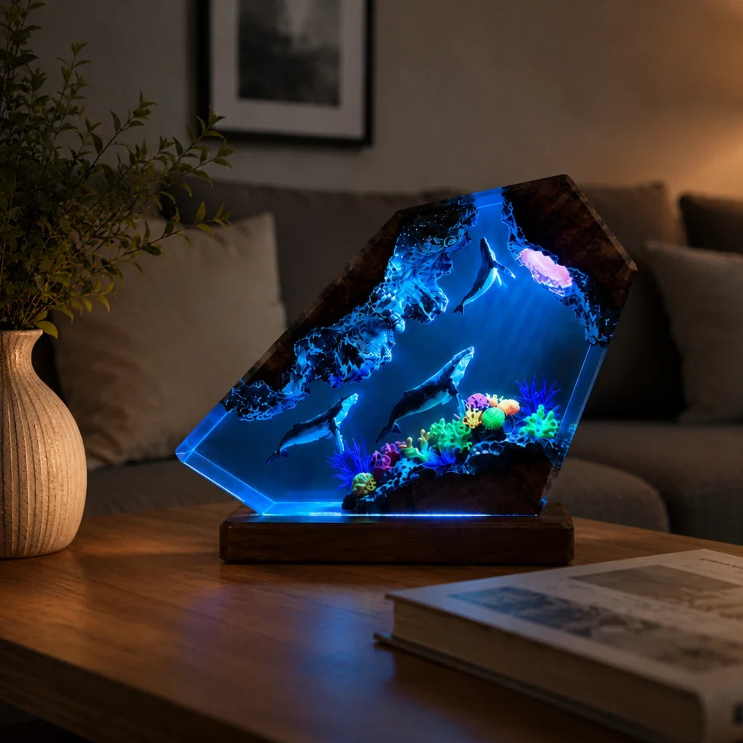 Ocean Reef Resin Night Light with Color-Shifting LED Base – Whale & Coral Sculpture for Bedroom Desk Shelf Display Home Decor | Thomler