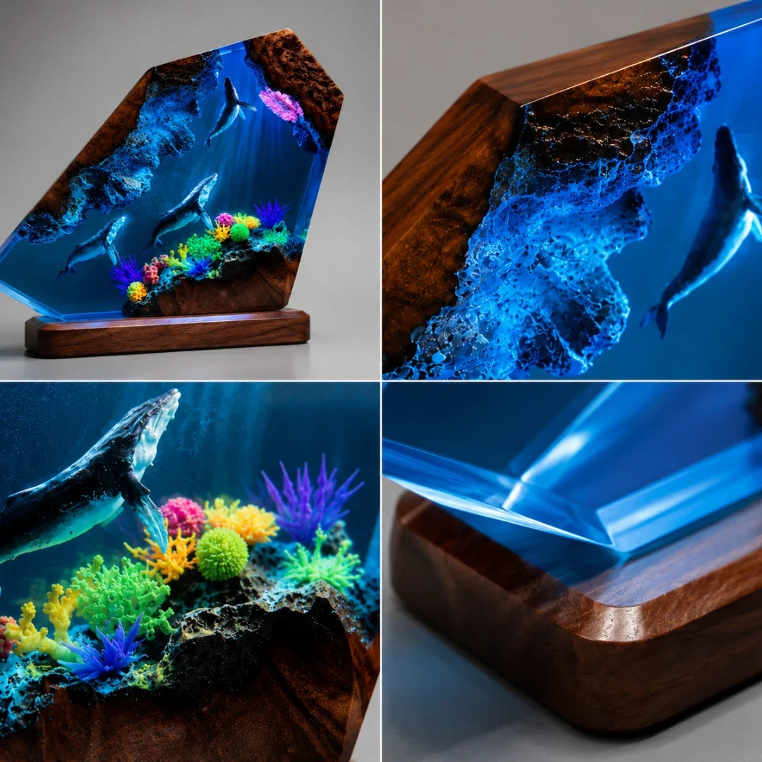 Ocean Reef Resin Night Light with Color-Shifting LED Base – Whale & Coral Sculpture for Bedroom Desk Shelf Display Home Decor | Thomler