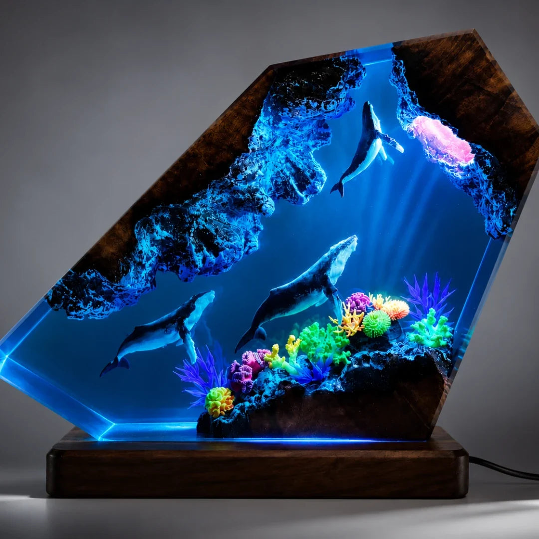 Ocean Reef Resin Night Light with Color-Shifting LED Base – Whale & Coral Sculpture for Bedroom Desk Shelf Display Home Decor | Thomler
