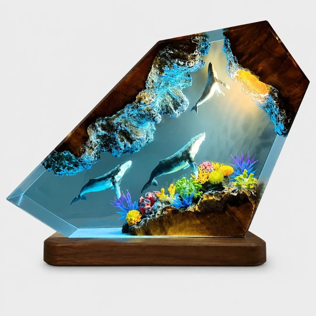 Ocean Reef Resin Night Light with Color-Shifting LED Base – Whale & Coral Sculpture for Bedroom Desk Shelf Display Home Decor | Thomler