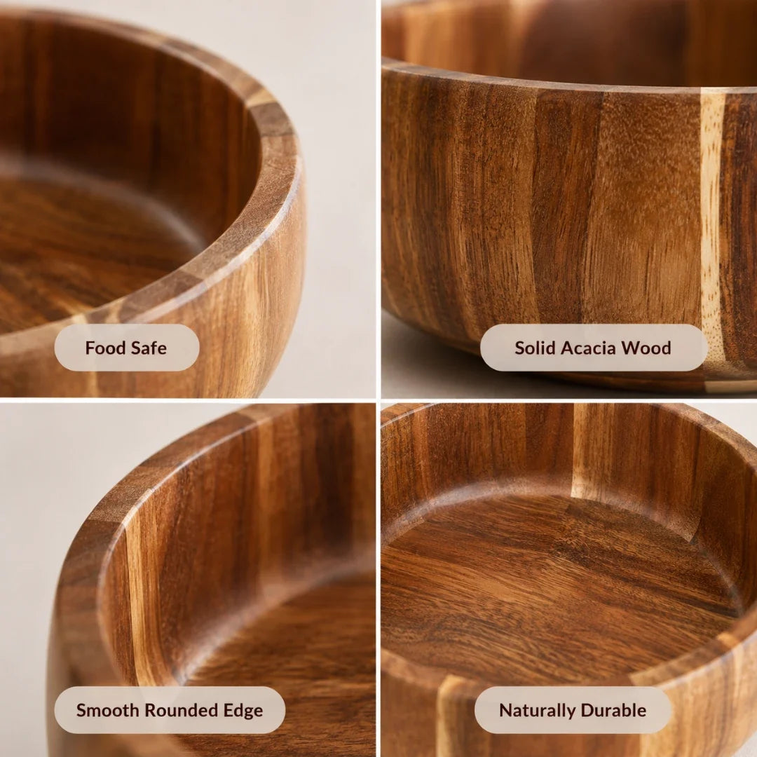 Natural Wood Serving Bowl Set – Handcrafted Acacia – 6 Sizes for Salads, Snacks & Gifts – Modern Minimalist Tableware for Everyday Dining | Thomler
