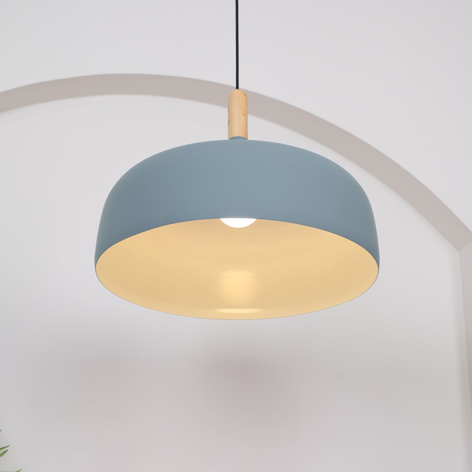 Hanging Ceiling Light Fixture with Wood Trim & Metal Shade for Kitchen Island, Dining Table, Breakfast Bar — Dimmable Compatible, Adjustable | Thomler