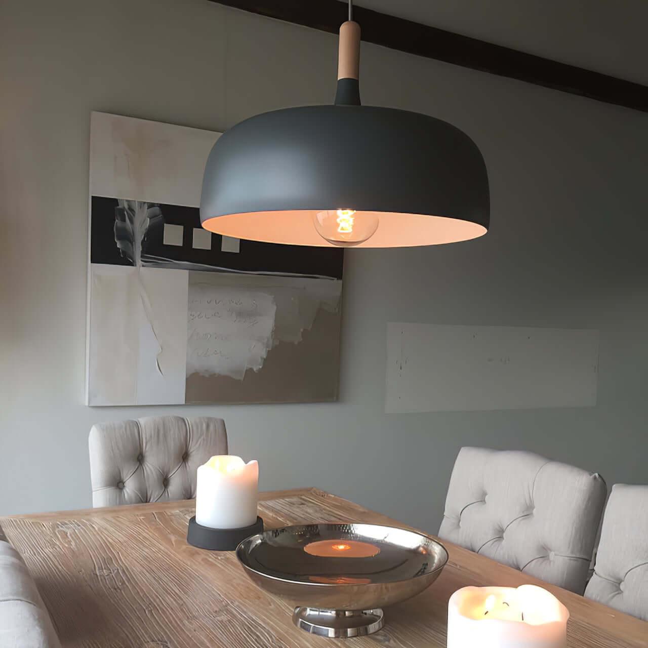 Hanging Ceiling Light Fixture with Wood Trim & Metal Shade for Kitchen Island, Dining Table, Breakfast Bar — Dimmable Compatible, Adjustable | Thomler