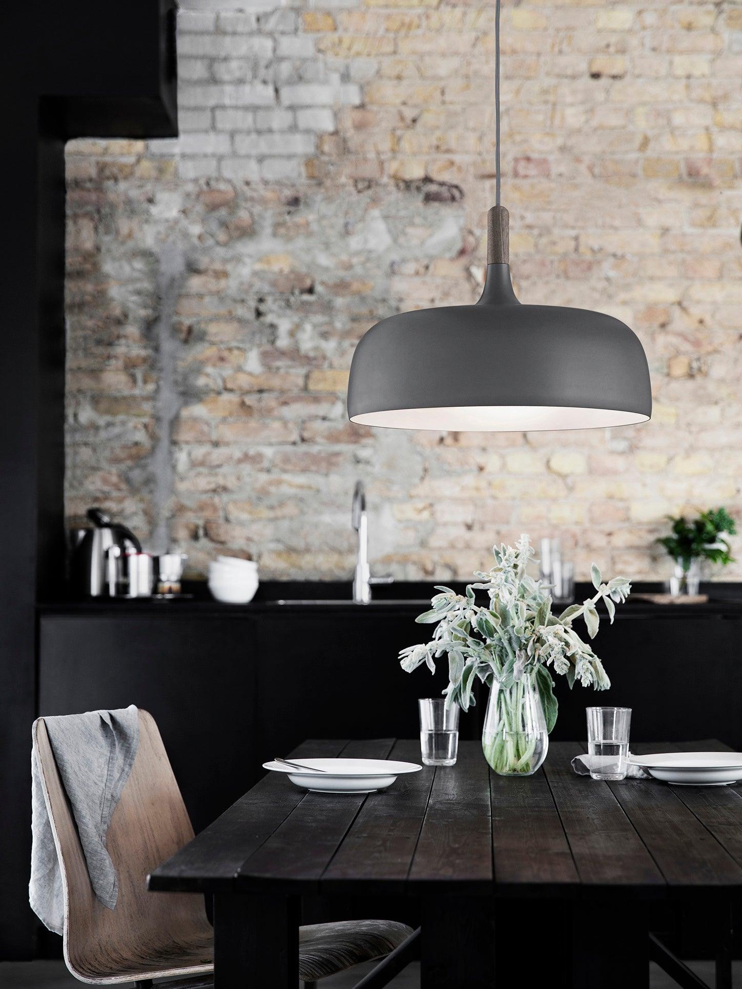 Hanging Ceiling Light Fixture with Wood Trim & Metal Shade for Kitchen Island, Dining Table, Breakfast Bar — Dimmable Compatible, Adjustable | Thomler