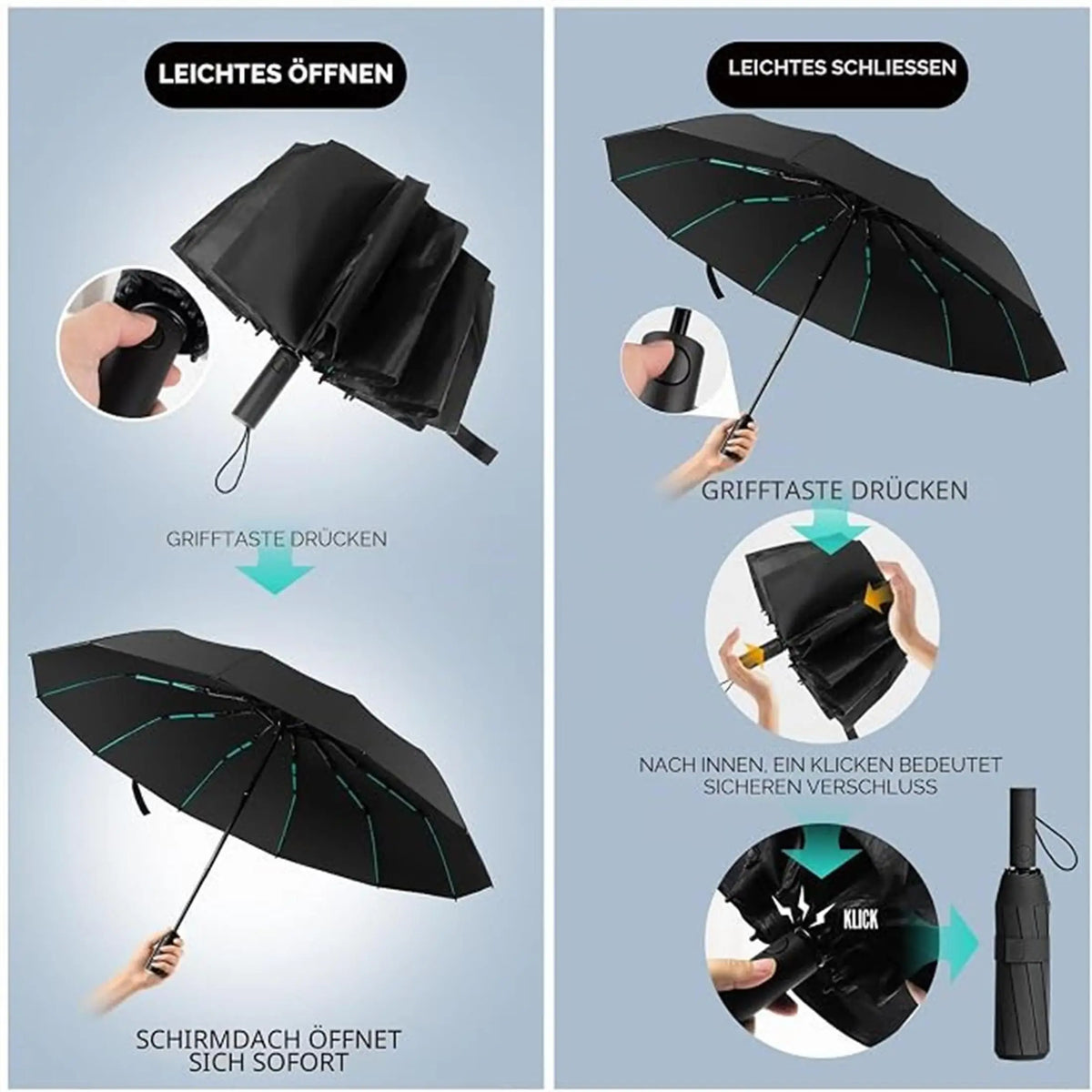Compact Folding Pocket Umbrella with Reinforced 144-Rib Frame for All-Weather Coverage – Travel, Commute, Office & Car Use | Thomler