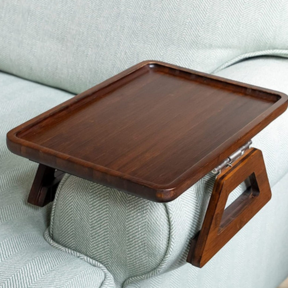 Bamboo Sofa Arm Tray with Adjustable Clip – Couch Side Table for Drinks, Snacks & Remote – No Assembly Armrest Caddy Organizer | Thomler