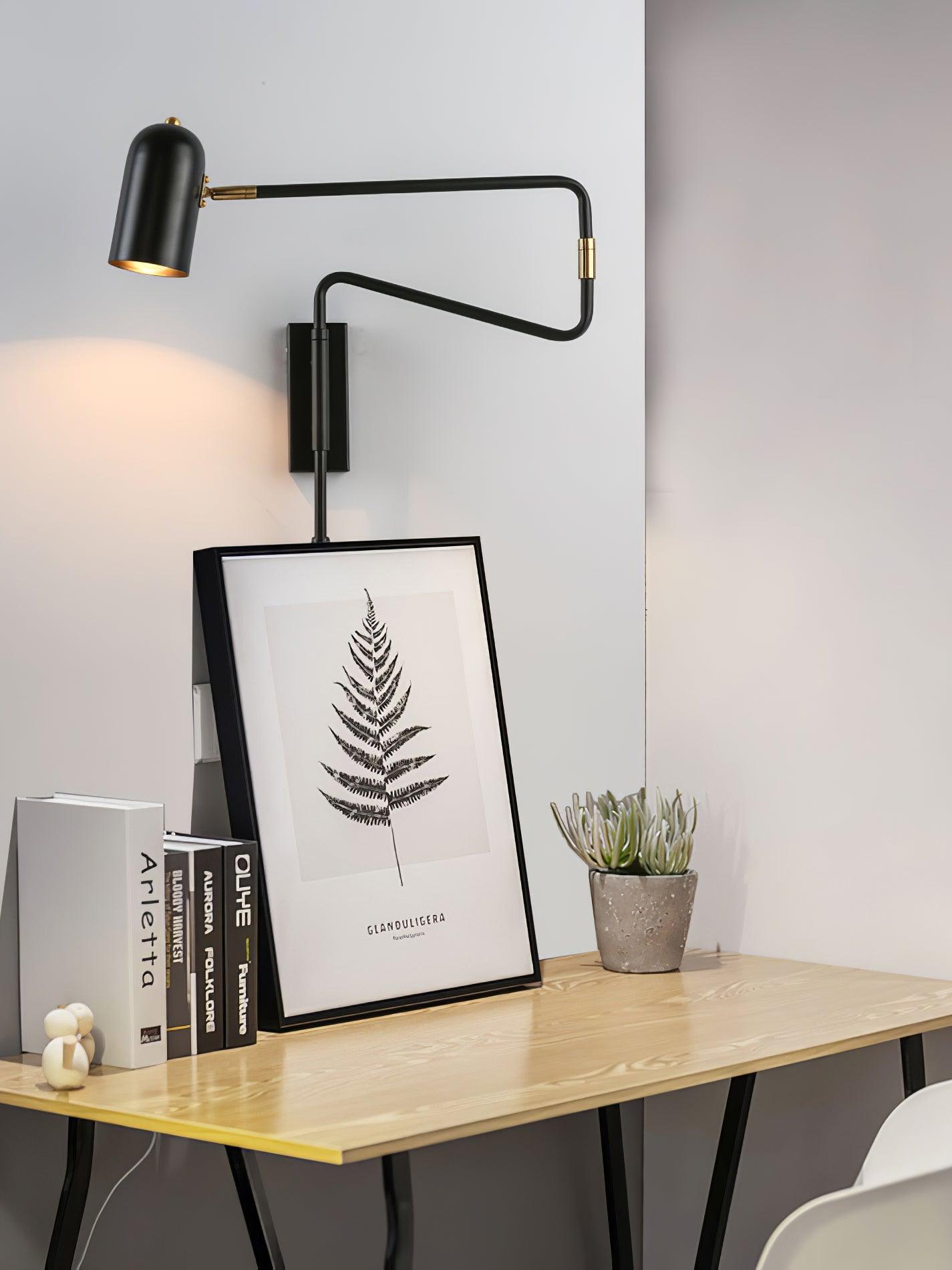 Wall Lamp Metal Adjustable Arm 27.6 in Black Gold Indoor Reading Light 360° Rotatable Shade Contemporary Bedroom Living Room | Thomler