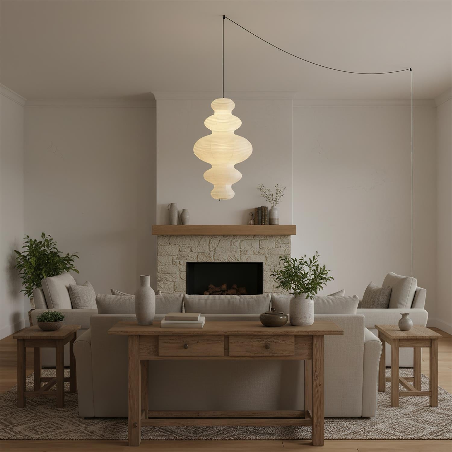 Pendant Light Rice Paper 18.5 in x 32.2 in White Dining Room Kitchen Island Hanging Lamp Sculptural Modern Minimalist | Thomler
