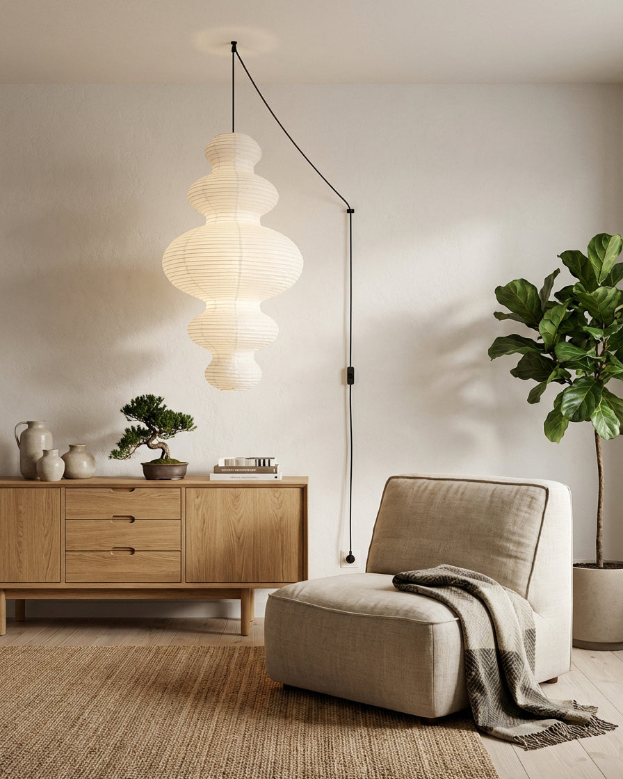 Pendant Light Rice Paper 18.5 in x 32.2 in White Dining Room Kitchen Island Hanging Lamp Sculptural Modern Minimalist | Thomler