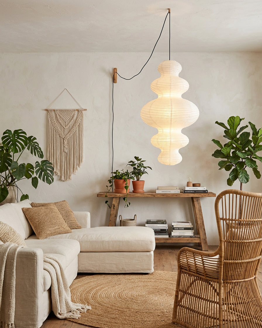 Pendant Light Rice Paper 18.5 in x 32.2 in White Dining Room Kitchen Island Hanging Lamp Sculptural Modern Minimalist | Thomler