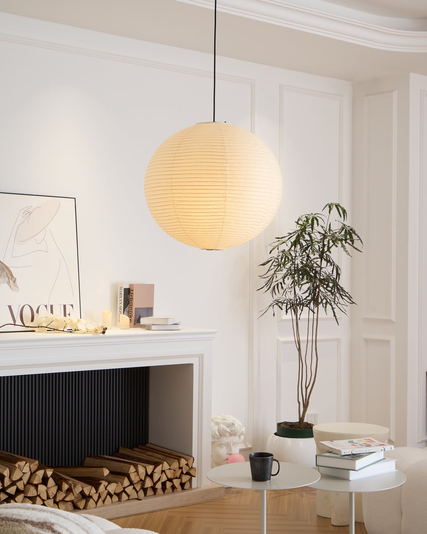 Pendant Light Cotton Paper Shade 19.6 in Adjustable Dining Room Kitchen Island Hanging Ceiling Lamp | Thomler