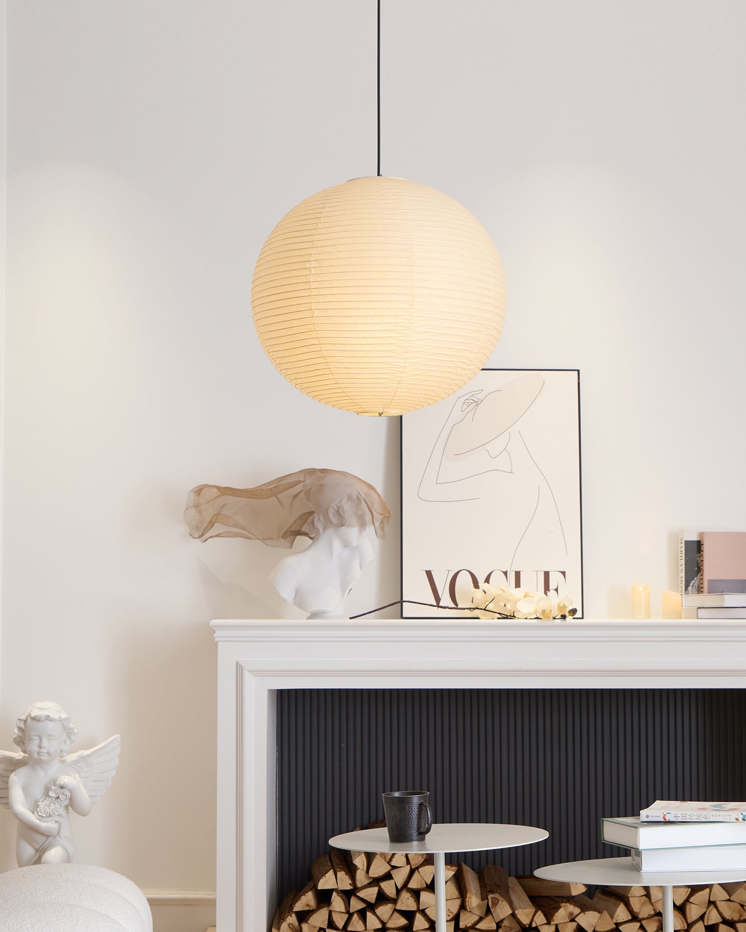 Pendant Light Cotton Paper Shade 19.6 in Adjustable Dining Room Kitchen Island Hanging Ceiling Lamp | Thomler