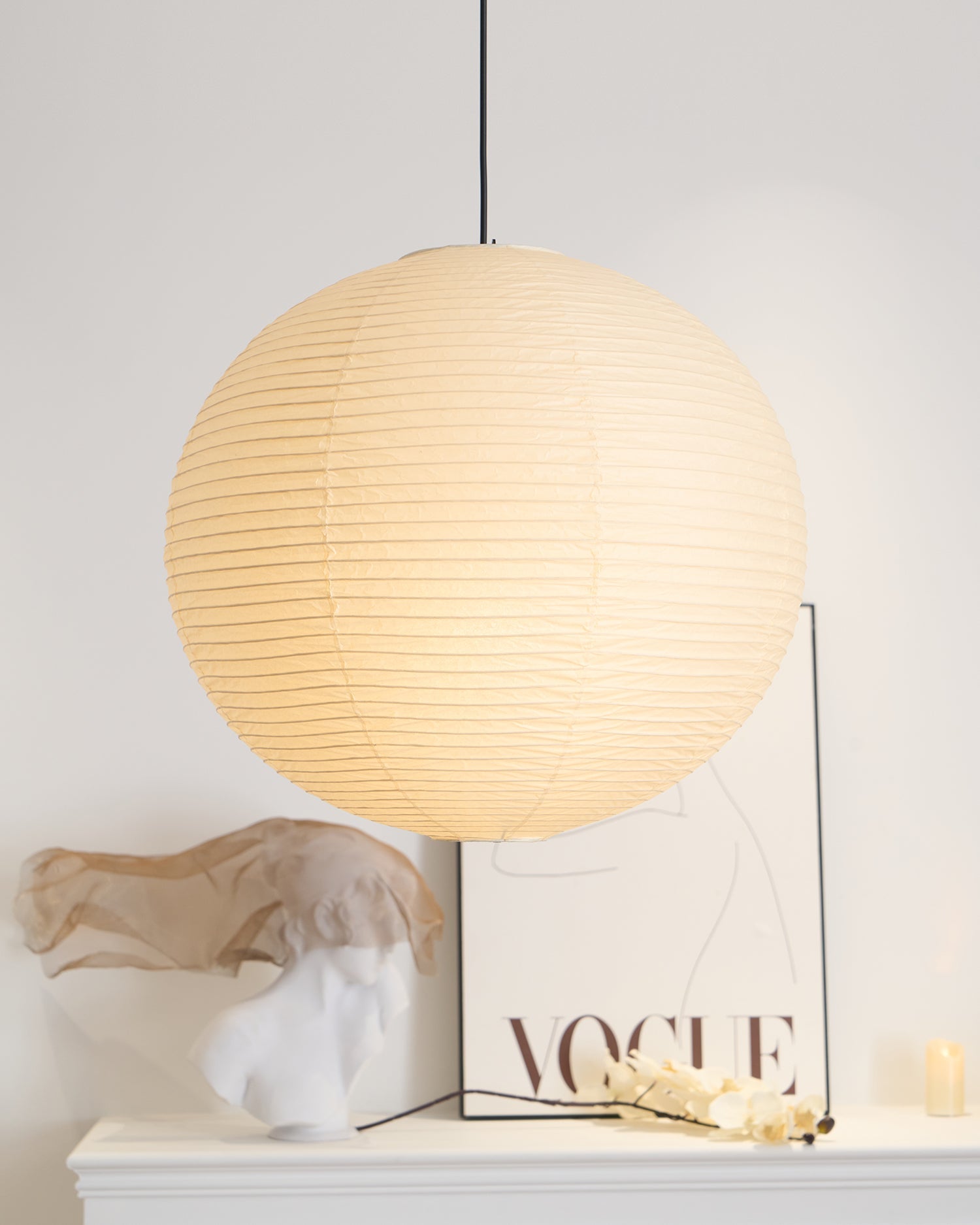 Pendant Light Cotton Paper Shade 19.6 in Adjustable Dining Room Kitchen Island Hanging Ceiling Lamp | Thomler