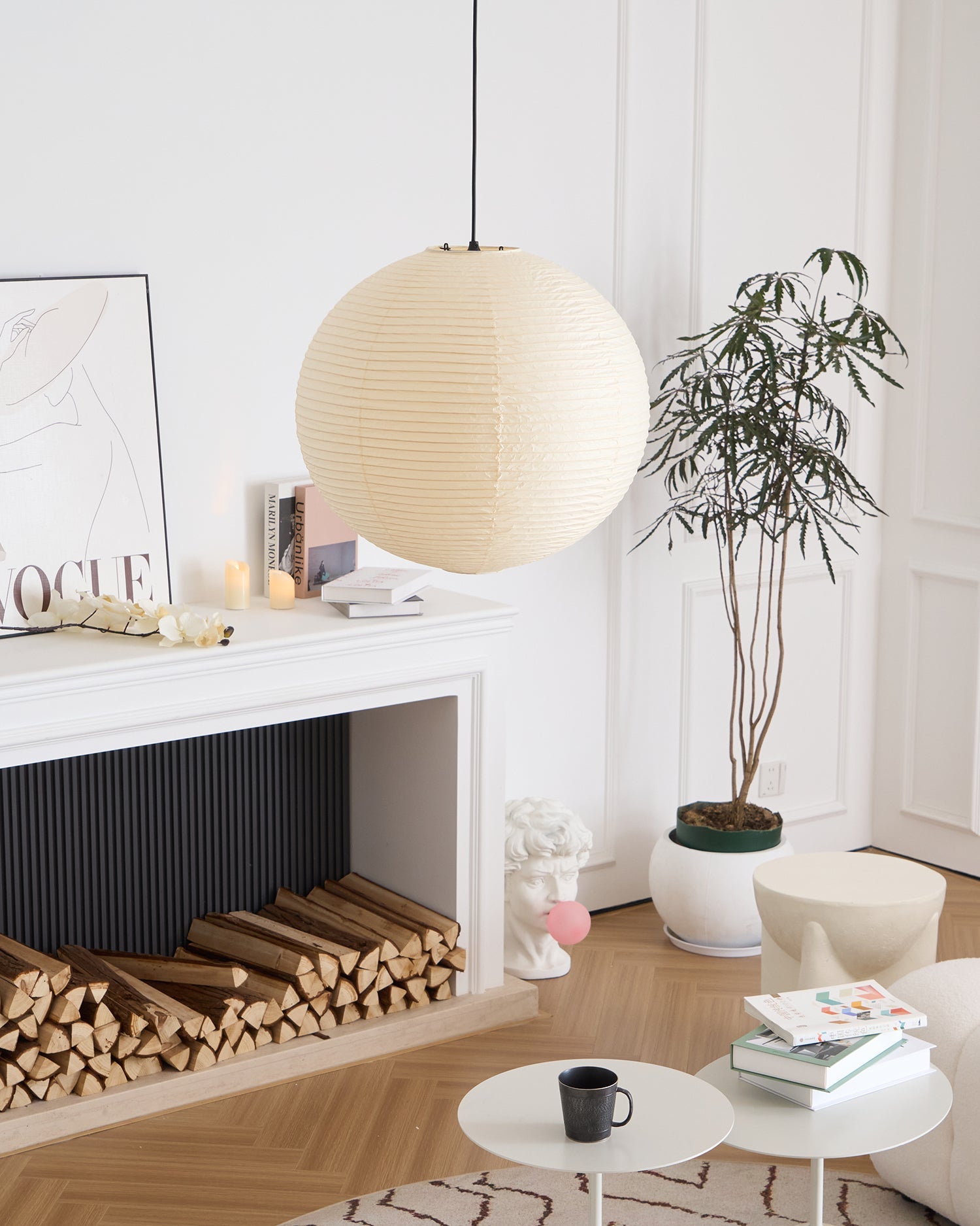 Pendant Light Cotton Paper Shade 19.6 in Adjustable Dining Room Kitchen Island Hanging Ceiling Lamp | Thomler